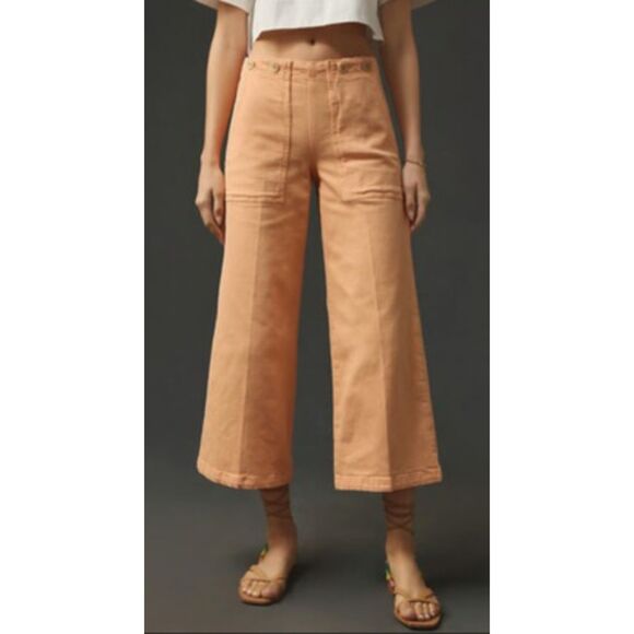 Pilcro Denim - PILCRO ANTHROPOLOGIE The Kit Cropped High-Rise Wide-Leg Jeans Sz 31 Peach Orange